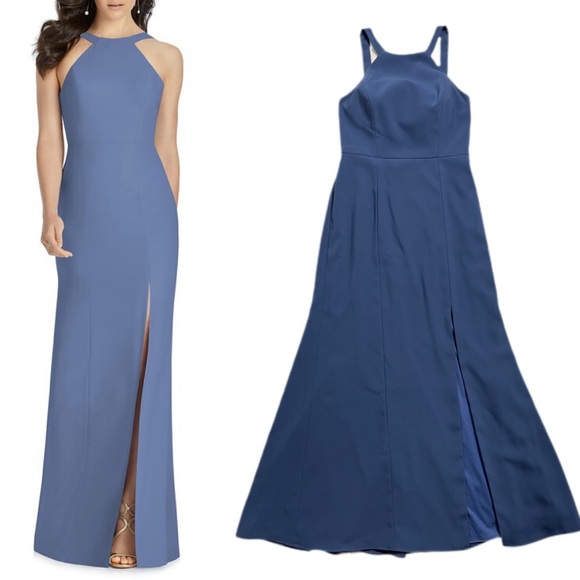 Dessy Collection Cutaway Shoulder Blue Crepe Column Gown 10 - Picture 1 of 7